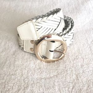 Ivory Vegan Leather Gold Buckle Braided Belt